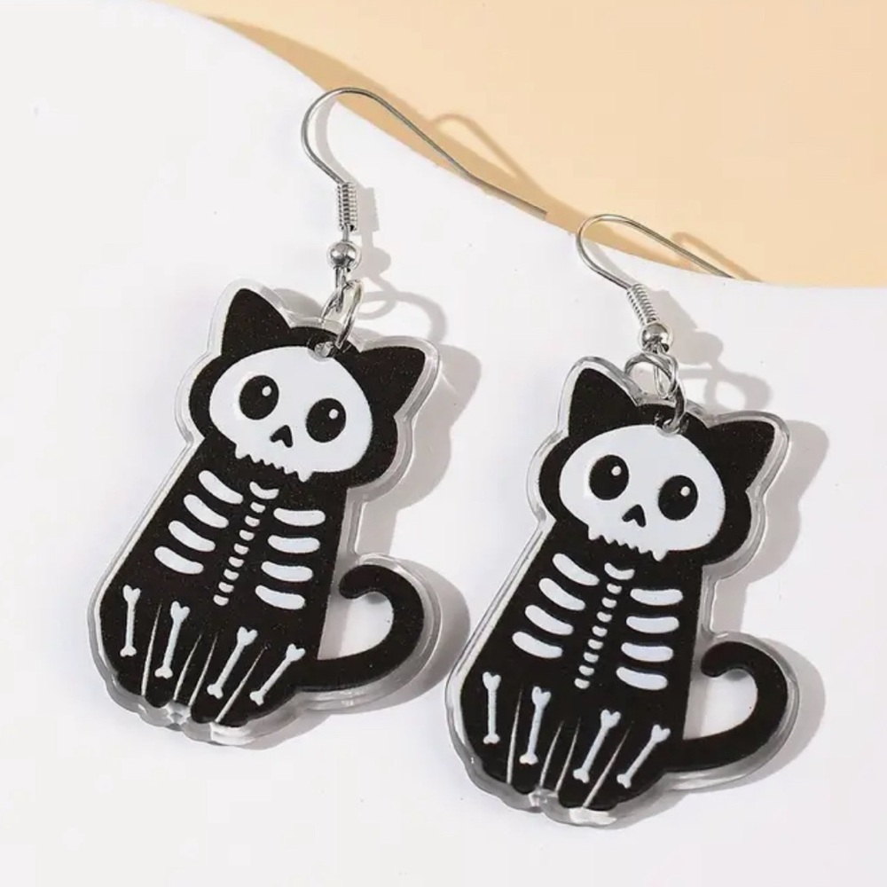 Halloween kitty cat skeleton earrings costume jewelry acrylic